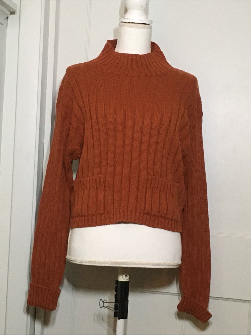 Rust Orange Ribbed Mock Neck Sweater with Pockets